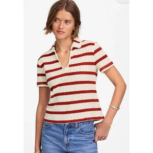 Madewell | NWT Crochet-Knit V-Neck Sweater Tee Red Ochre Stripe | Sz M